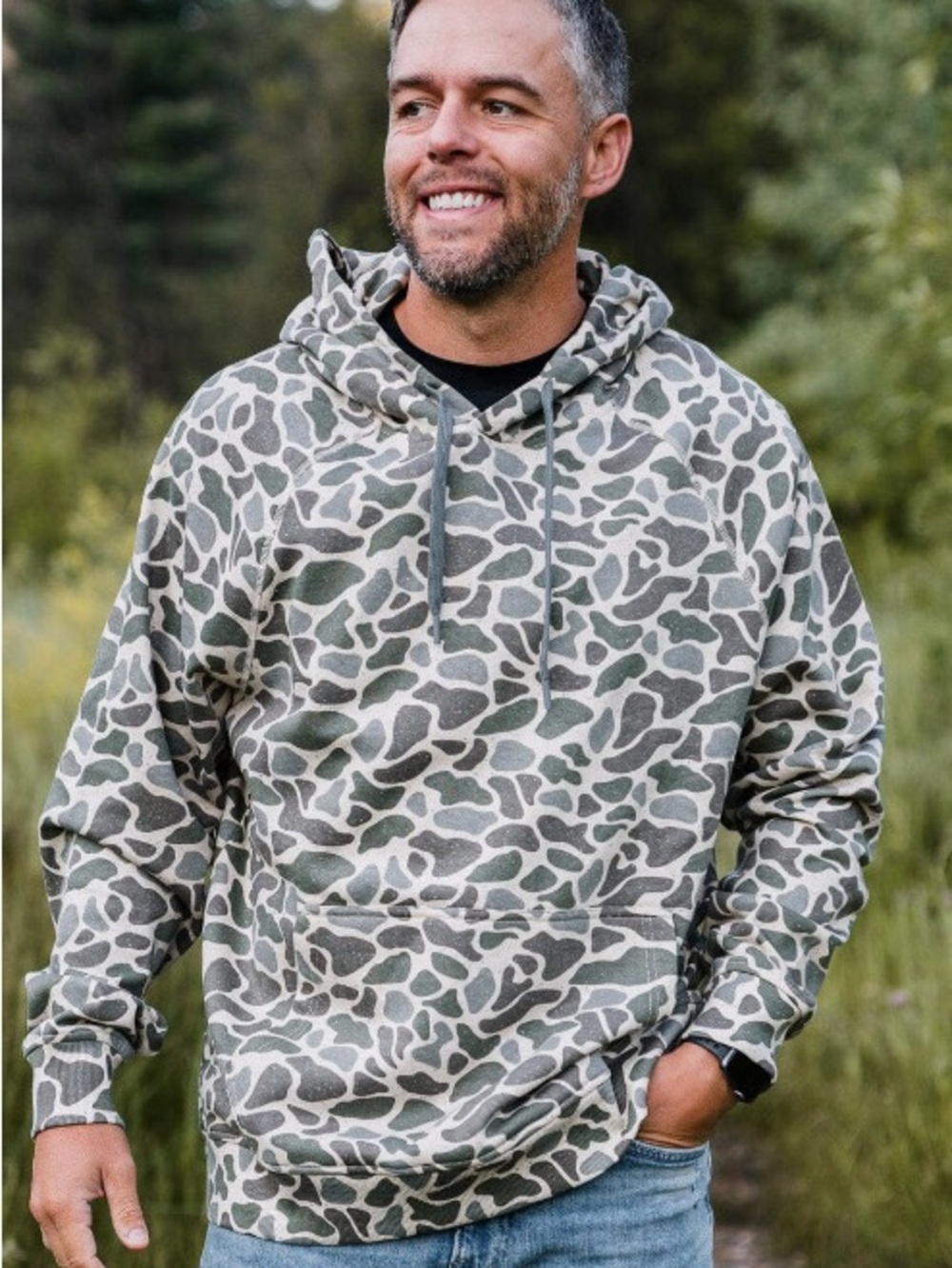 BURLEBO Men's Camo Hooded Pullover - Olive & Gray. Classic Deer Camo